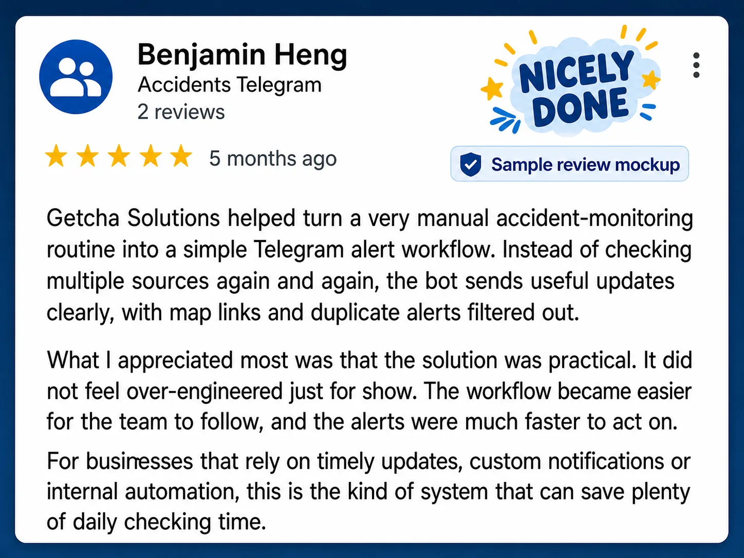 Sample review mockup from Benjamin Heng for Accidents Telegram