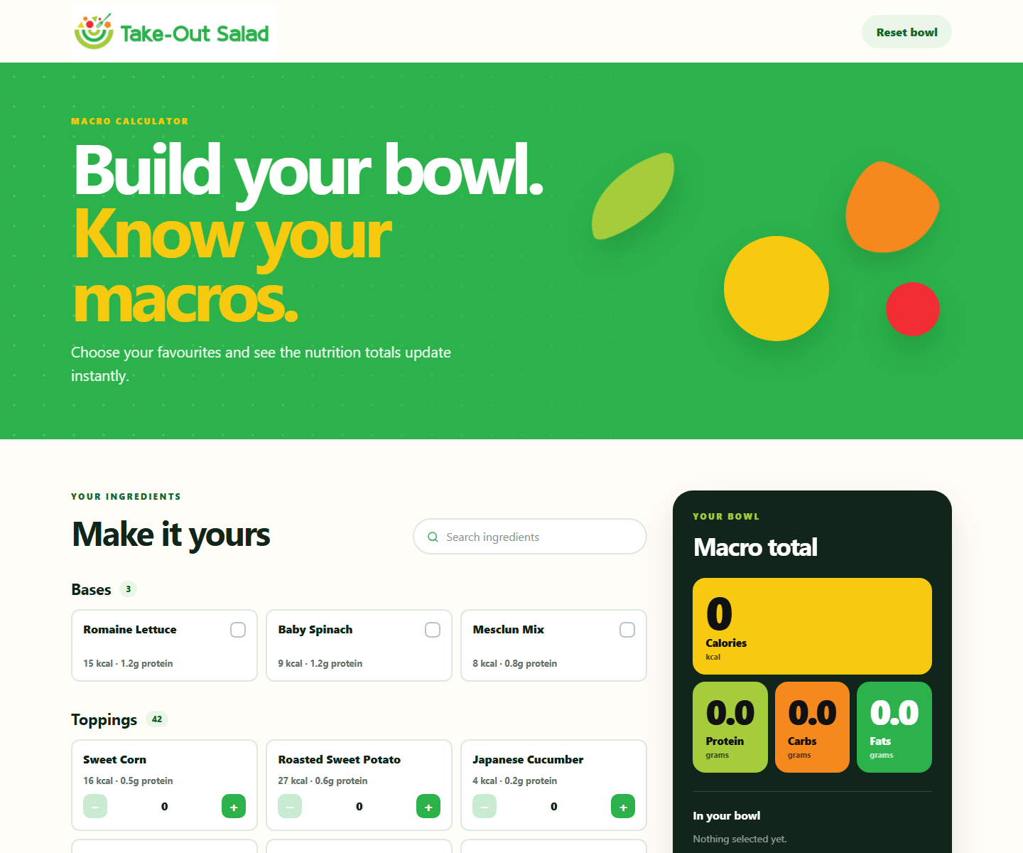 Full desktop view of the Take-Out Salad custom nutrition calculator