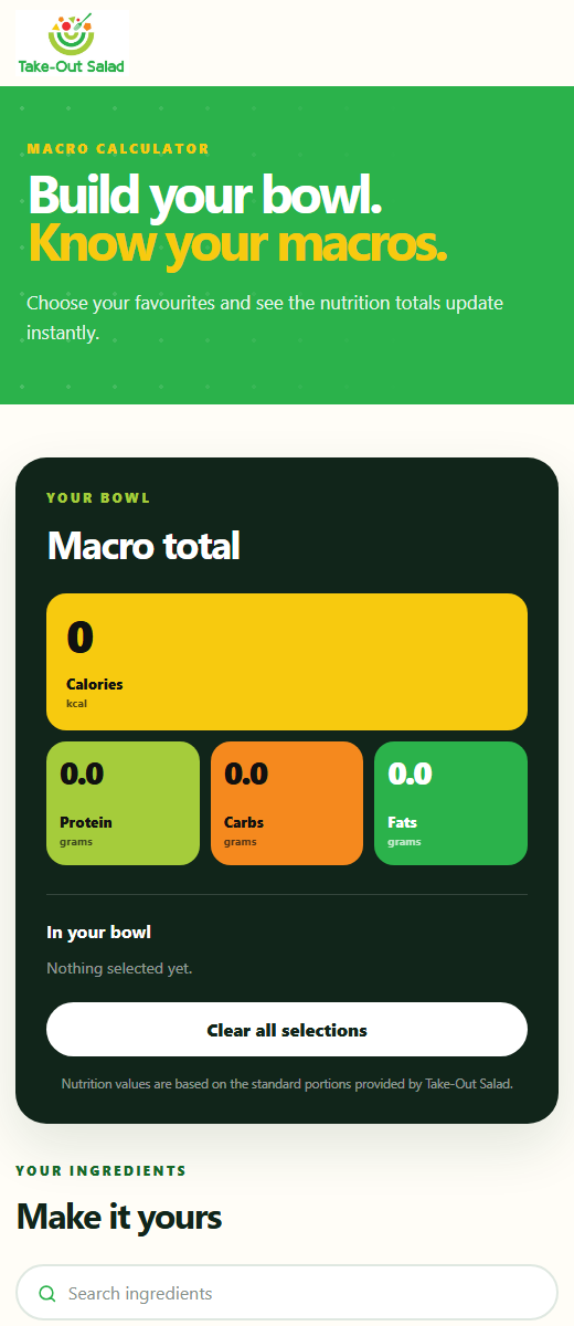 Mobile view of the Take-Out Salad macro calculator