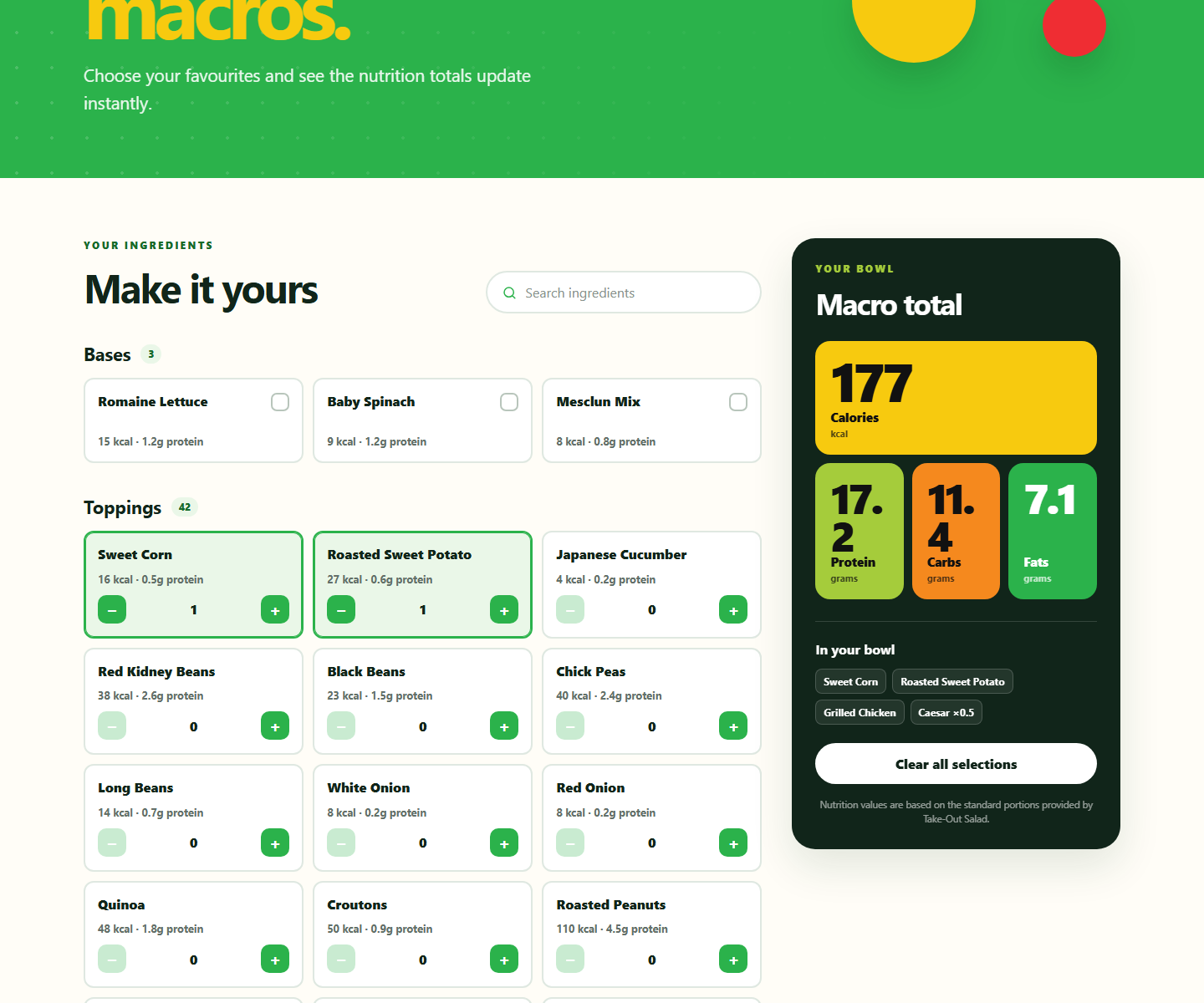 Take-Out Salad macro calculator showing selected ingredients and live nutrition totals