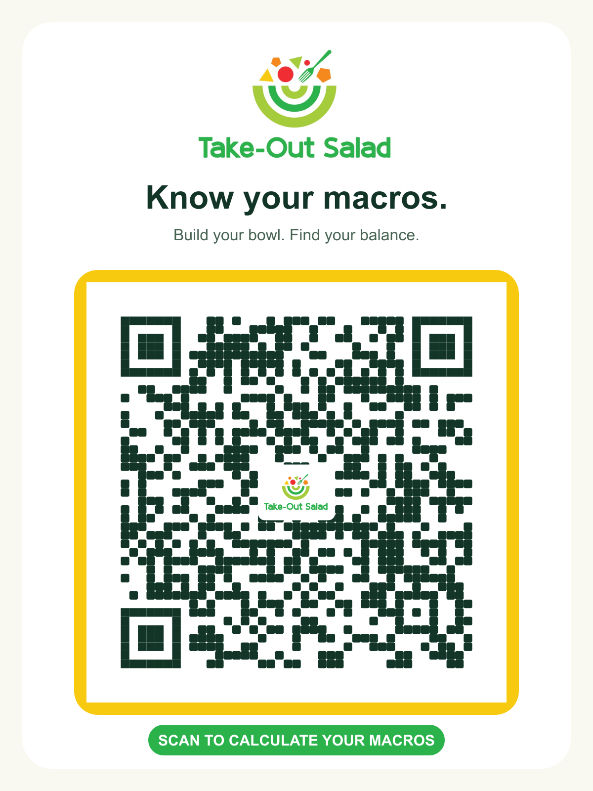 Branded QR display for the Take-Out Salad macro calculator