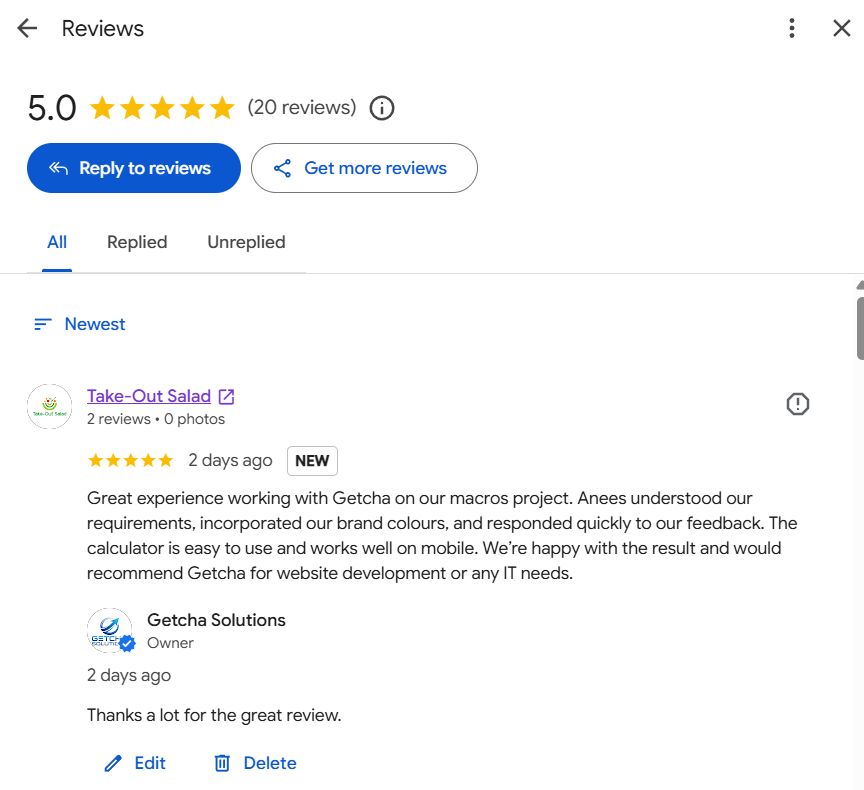Take-Out Salad five-star Google review for Getcha Solutions