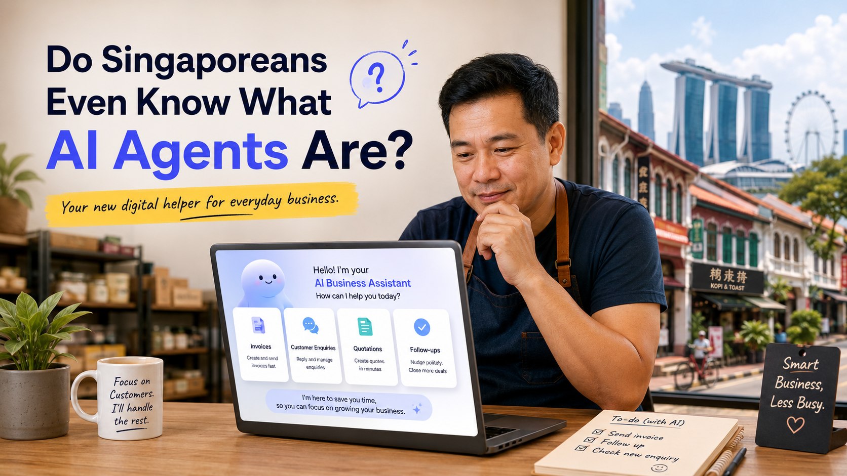 Singapore business owner learning about AI agents for invoices customer enquiries quotations and follow-ups