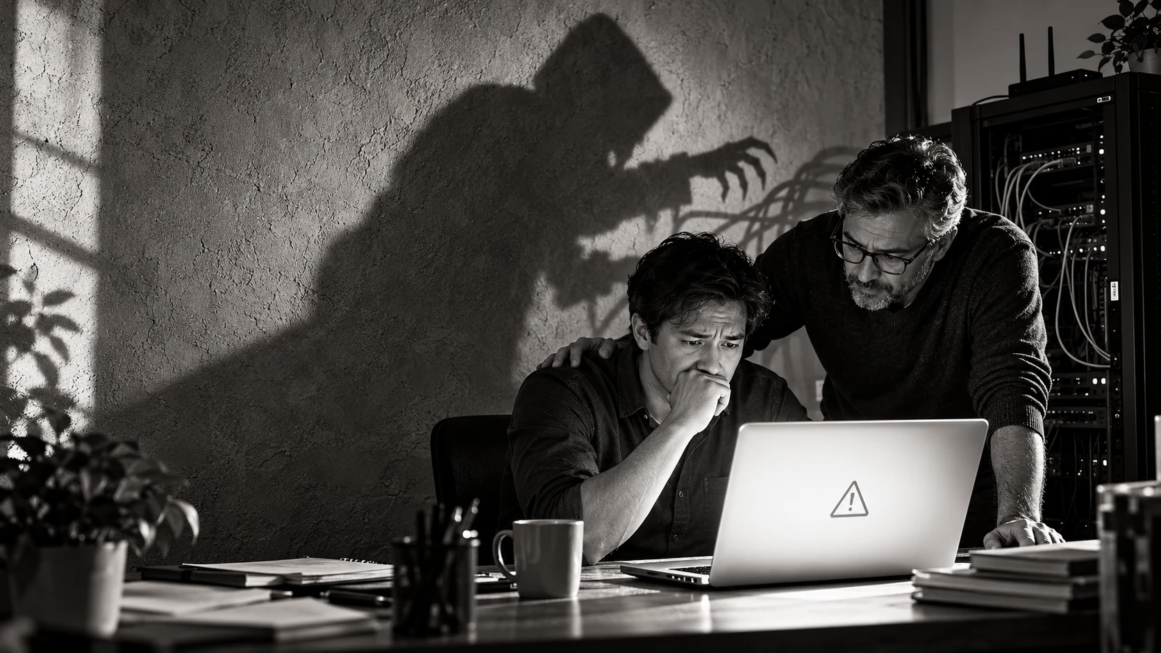 Business owner and experienced developer investigating a failed website while a threatening cyber intruder appears as a shadow on the office wall