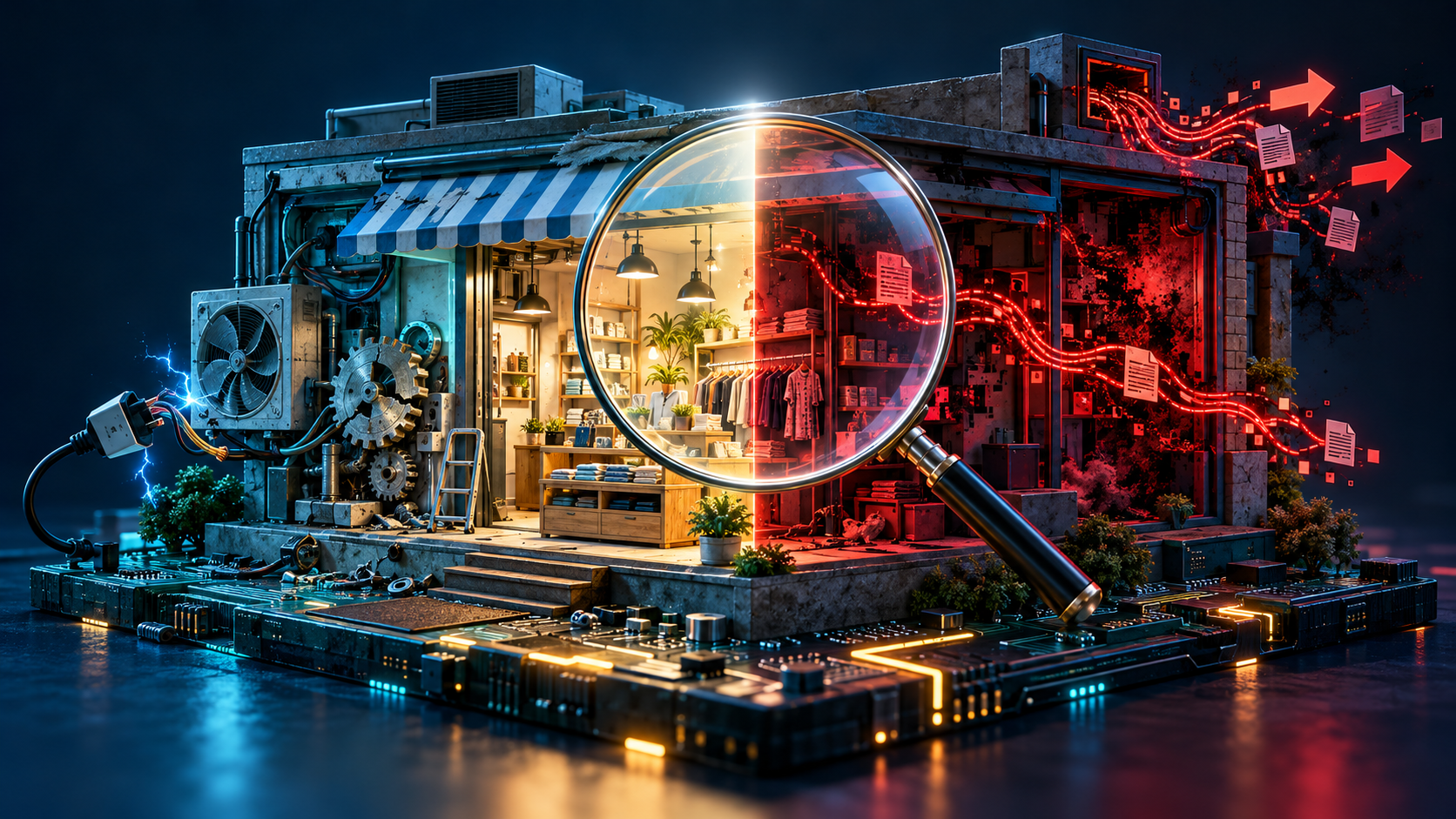 A digital business storefront split between an ordinary mechanical website failure and a hidden cyber intrusion, revealed by a magnifying glass