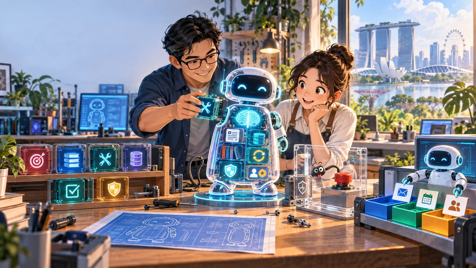 Singapore software developer and business owner assembling a friendly AI agent with tools memory and safety controls