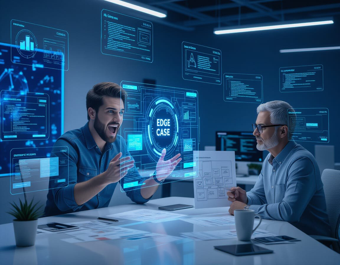 Futuristic AI coding and experienced software developer reviewing edge cases for a business system