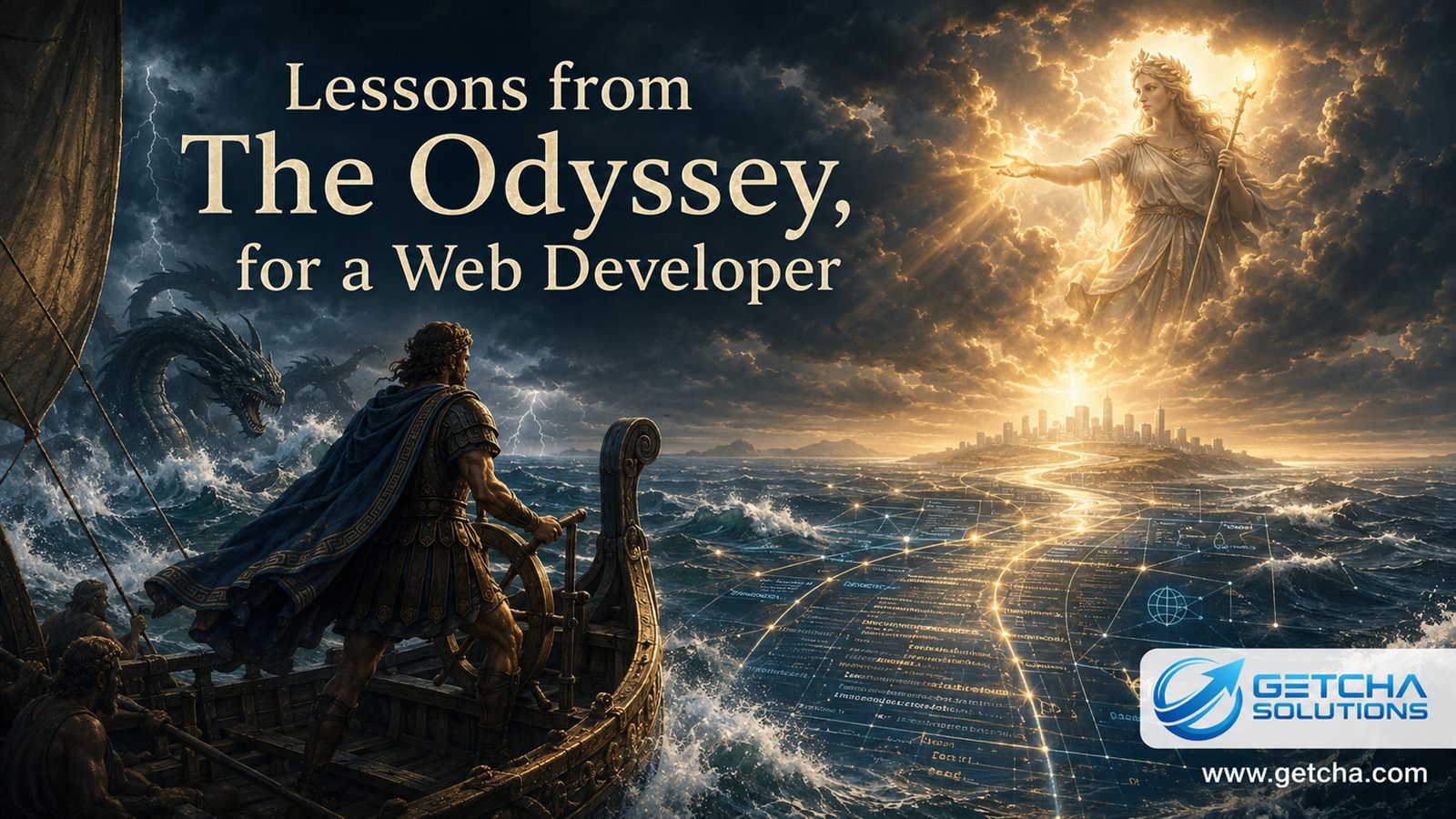 Lessons from The Odyssey for a web developer with a mythic sea journey, web code path and Getcha Solutions branding