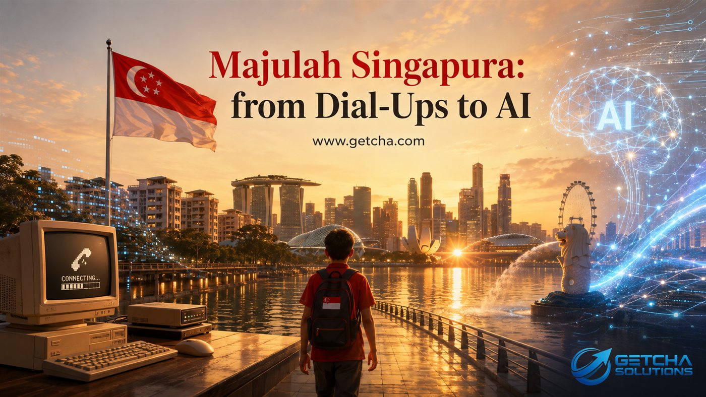Majulah Singapura from dial-up internet to AI with Singapore skyline and Getcha Solutions branding