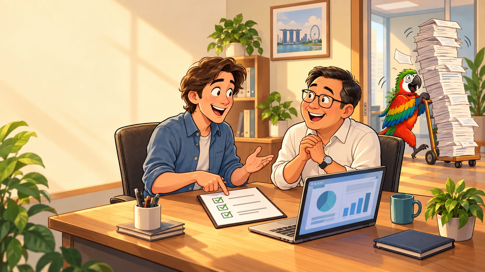 Light-hearted illustration of a Singapore business owner and developer agreeing on a clear CRM work checklist while recurring paperwork is rolled away