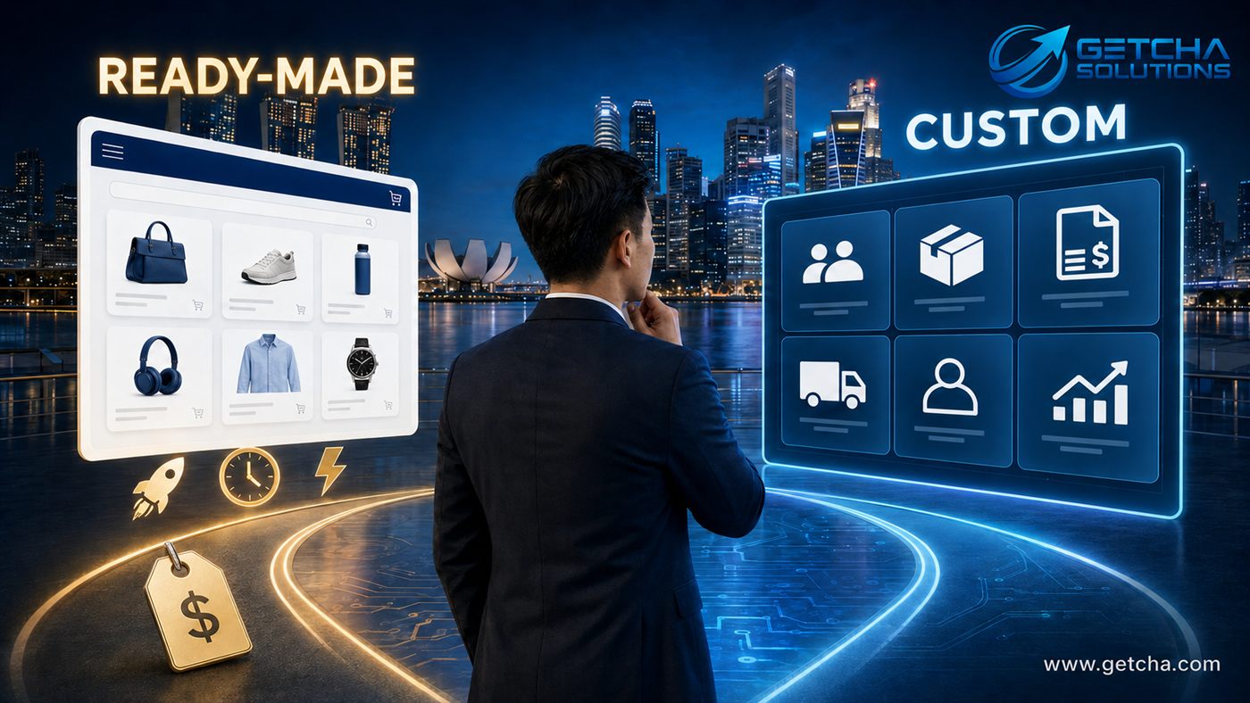 Singapore business owner choosing between ready-made ecommerce and custom ecommerce system by Getcha Solutions