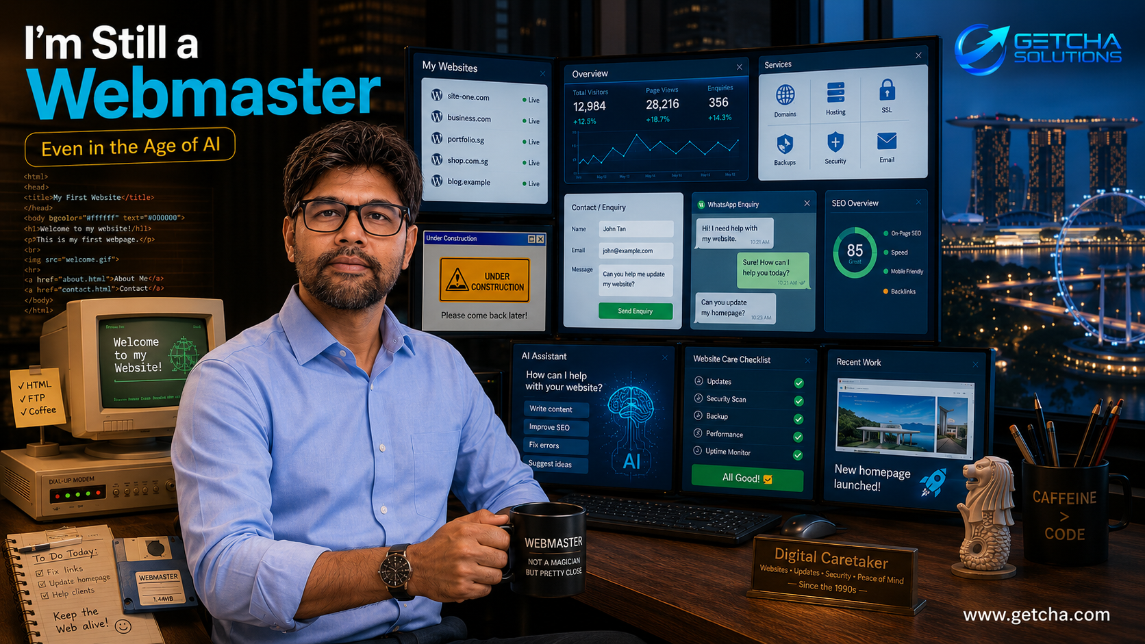 A Singapore webmaster managing websites, WordPress dashboards, SEO, hosting, WhatsApp enquiries and AI tools