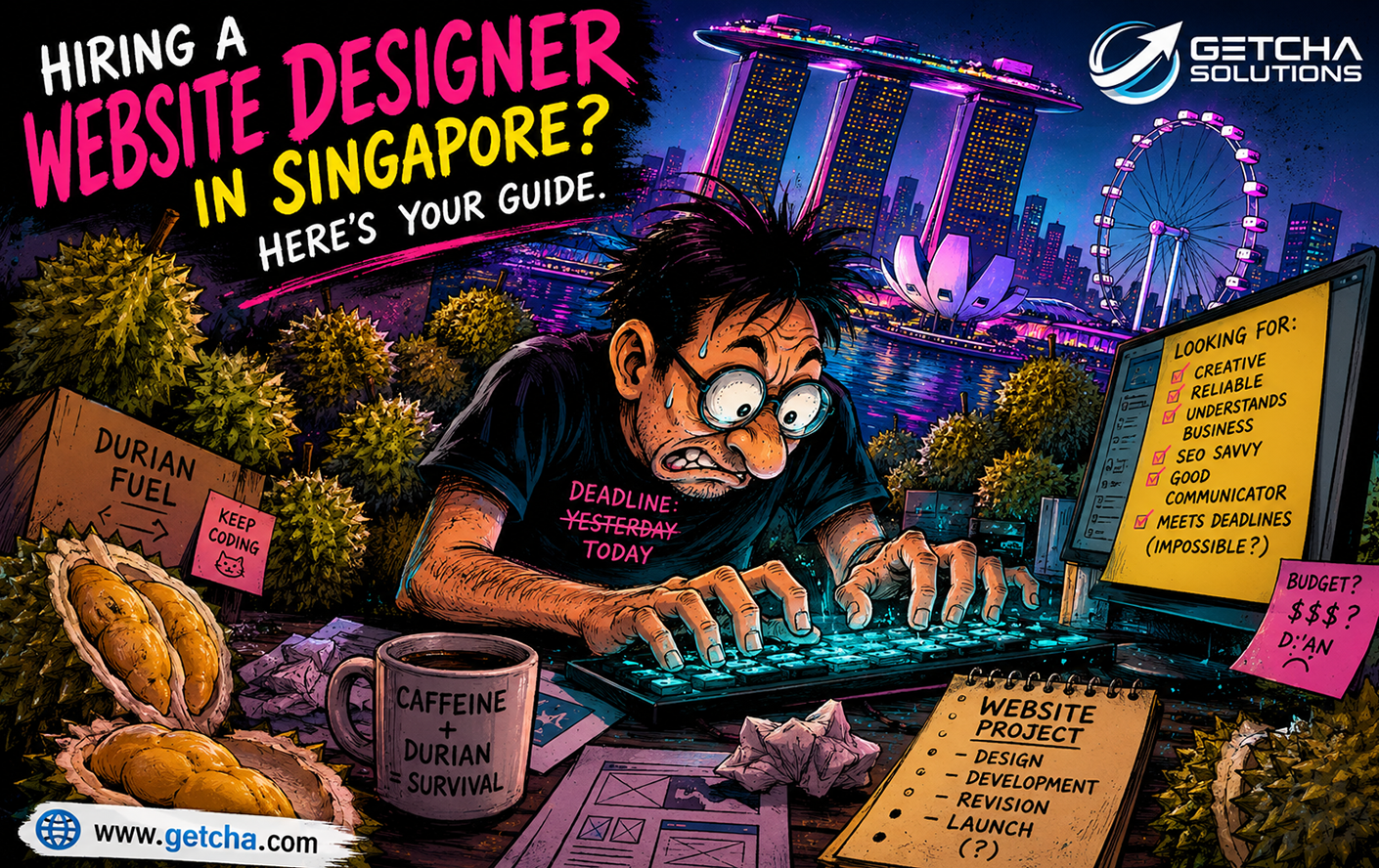 Singapore SME owner discussing website design, SEO, mobile layout and enquiry flow with a web designer