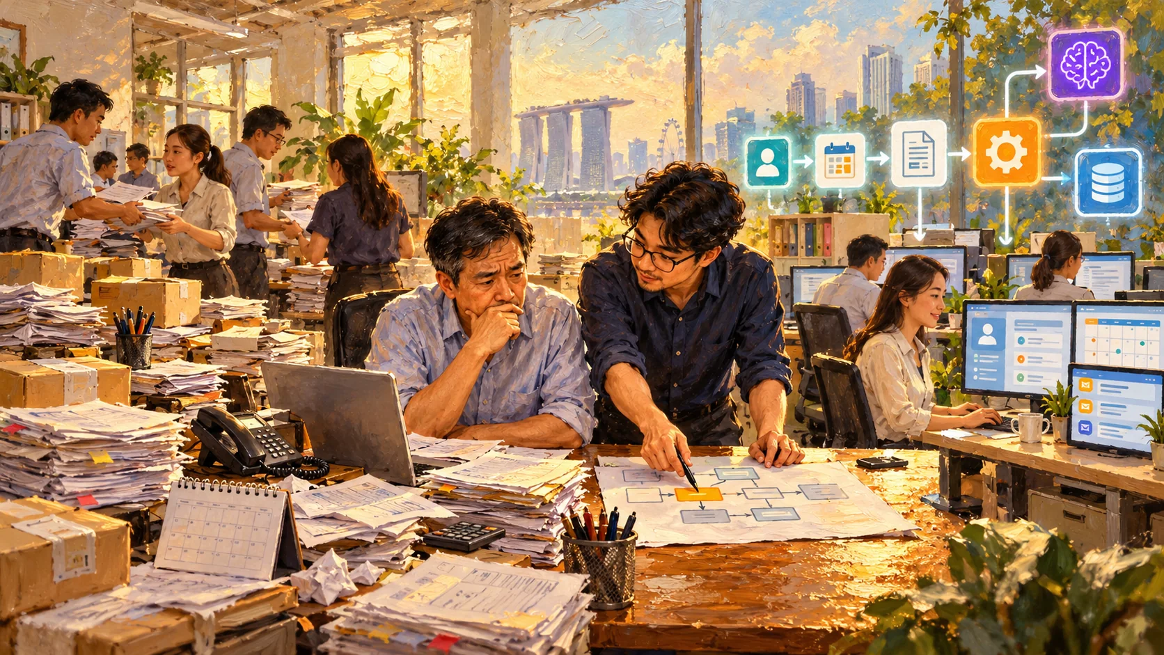 Singapore SME owner and software developer identifying one repetitive business workflow to automate while staff move from paperwork to an organised system