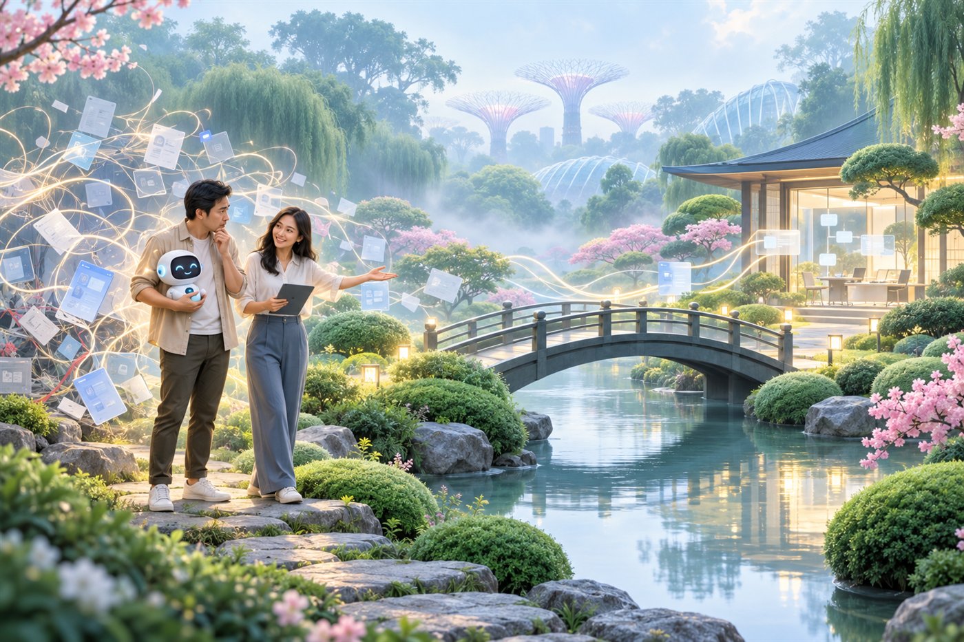 Singapore business owner with an AI app prototype being guided by an experienced developer across a bridge toward a dependable business system