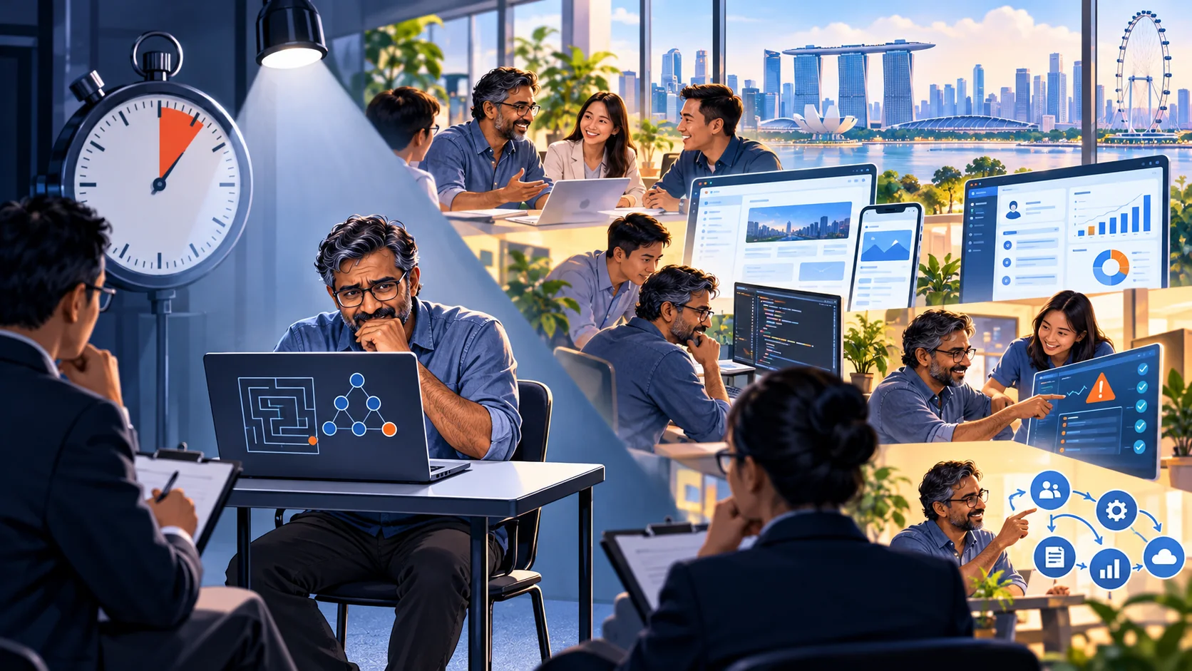 Experienced Singapore software developer under pressure in a coding interview contrasted with his real work building apps, systems and business workflows