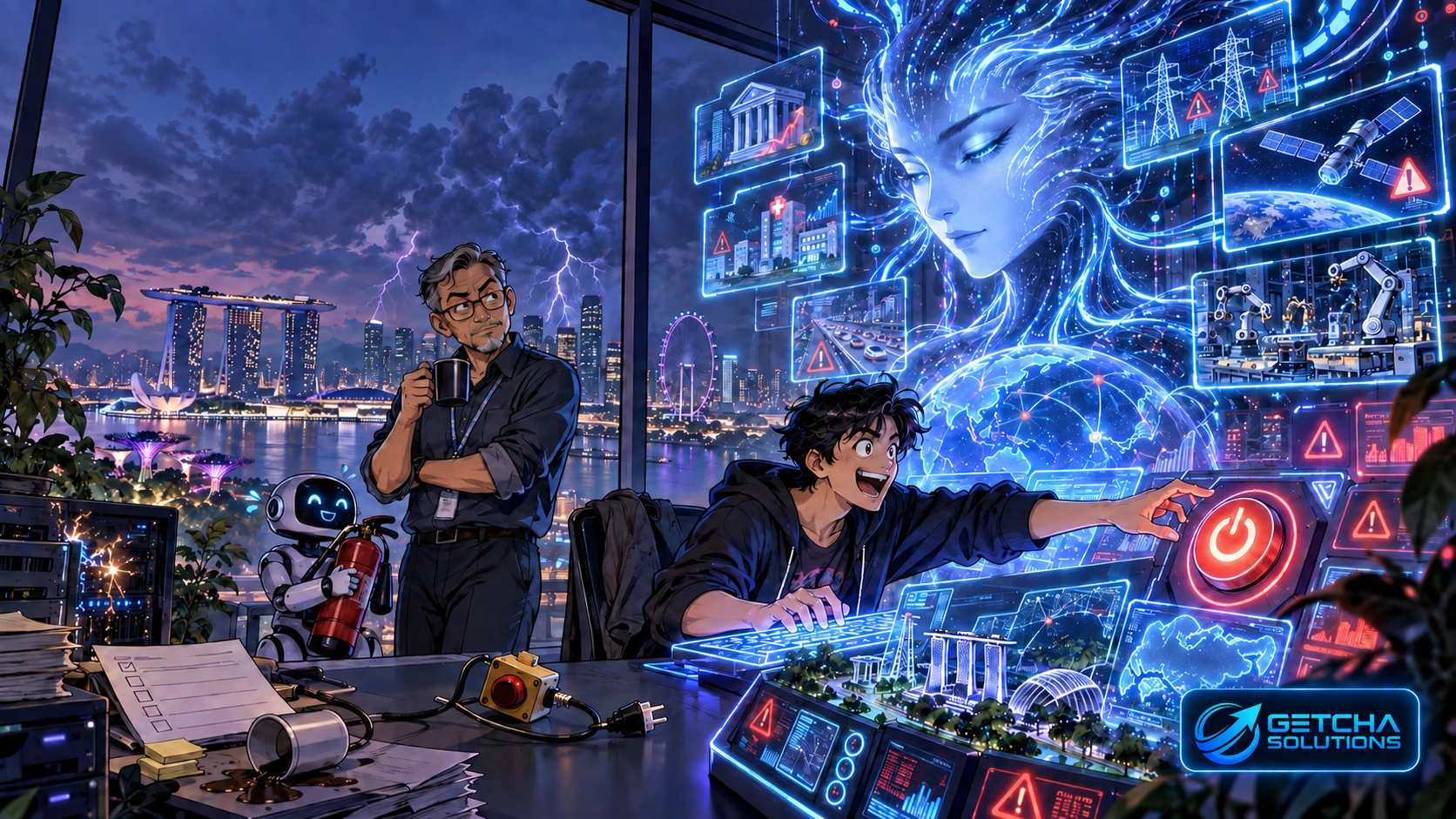 Singapore software developer watching an overconfident founder connect a powerful artificial intelligence to critical systems